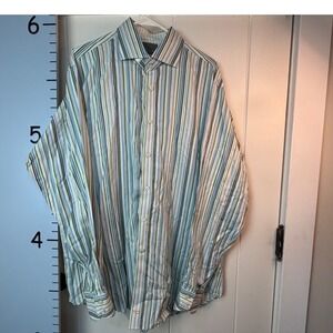 Thomas Dean Button Down Shirt Men's Size XL Blue Striped Contrast Cuff